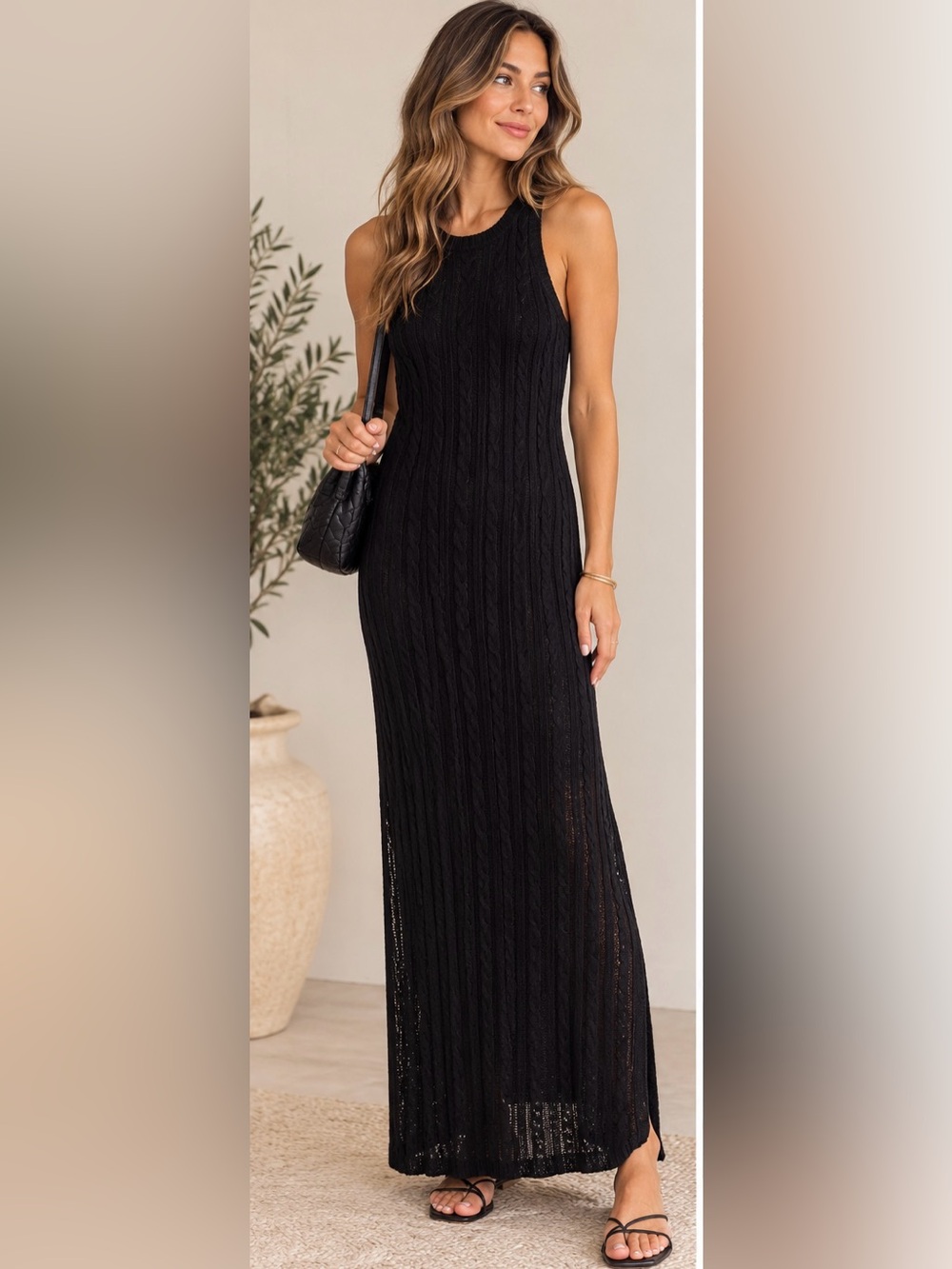 Vero Moda Black Cable Knit Maxi Dress with Side Slit